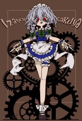 Rule 34 | 1girl, 2021, absurdres, apron, artist name, back bow, blue dress, blue wrist cuffs, bow, braid, brown footwear, character name, commentary, dated, dress, frilled apron, frilled dress, frilled socks, frilled wrist cuffs, frills, full body, gears, green bow, grey hair, hatching (texture), highres, holding, holding knife, inset border, izayoi sakuya, knife, maid, maid apron, maid headdress, open mouth, red eyes, sekai yusuke, sepia background, socks, solo, standing, touhou, twin braids, white apron, white bow, white sleeves, white socks, wrist cuffs