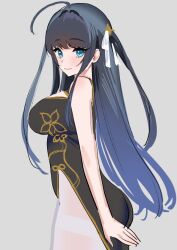 Rule 34 | 1girl, ahoge, arm at side, assault lily, bare arms, bare shoulders, black dress, black hair, blue eyes, blue hair, breasts, china dress, chinese clothes, closed mouth, commentary, cowboy shot, dress, floral print, from side, gradient hair, grey background, hair ribbon, kanon mone, large breasts, light smile, long hair, looking at viewer, looking to the side, mozuna noa, multicolored hair, pantyhose, print dress, ribbon, side slit, sidelocks, simple background, sketch, sleeveless, sleeveless dress, solo, thighband pantyhose, two-tone hair, two side up, very long hair, white pantyhose