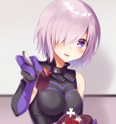 Rule 34 | 1girl, armor, armored dress, black gloves, blurry, blush, breasts, candy, chocolate, chocolate heart, cleavage, depth of field, elbow gloves, emilion, fate/grand order, fate (series), feeding, food, fork, fruit, gloves, hair over one eye, heart, highres, holding, holding food, holding fork, indoors, large breasts, light purple hair, looking at viewer, mash kyrielight, parted lips, purple eyes, purple gloves, purple hair, short hair, smile, solo, strawberry, upper body