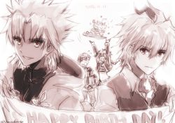 Rule 34 | &gt; &lt;, 4boys, ahoge, amakusa shirou (fate), astolfo (fate), cake, caules forvedge yggdmillennia, dark skin, earrings, fate/apocrypha, fate (series), food, gift, glasses, hair between eyes, happy birthday, holding, holding gift, holding sign, jewelry, looking at viewer, male focus, monochrome, multiple boys, multiple monochrome, priest, red eyes, shirt, short hair, sieg (fate), sign, standing, tetsumaki, trap, upper body, waistcoat, yellow eyes