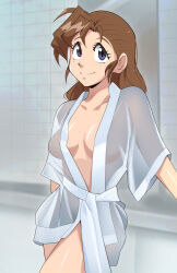 Rule 34 | 1girl, becky farrah, blue eyes, breasts, brown hair, cleavage, eqe (eqeart), freckles, gunsmith cats, highres, lingerie, long hair, looking at viewer, medium breasts, negligee, no bra, no eyewear, see-through, smile, solo, underwear