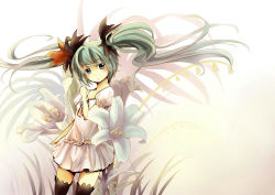 Rule 34 | 1girl, blue eyes, dress, floating hair, flower, green hair, hatsune miku, lily (flower), long hair, solo, thighhighs, twintails, vocaloid, world is mine (vocaloid), zhao shuwen