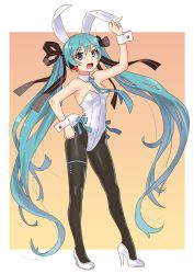 Rule 34 | 1girl, adapted costume, animal ears, aqua eyes, aqua hair, aqua necktie, black pantyhose, commentary request, detached collar, fake animal ears, full body, gradient background, hair ribbon, hand on own hip, hatsune miku, high heels, katahira masashi, leotard, long hair, looking at viewer, necktie, open mouth, pantyhose, playboy bunny, rabbit ears, rabbit tail, ribbon, solo, standing, strapless, strapless leotard, tail, twintails, vocaloid, white footwear, white leotard, wrist cuffs