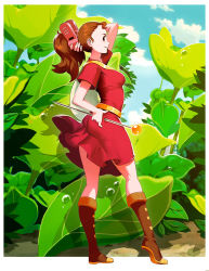 Rule 34 | 1girl, arrietty, ass, bag, bare legs, boots, breasts, brown hair, dress, female focus, full body, genzoman, grass, hand in own hair, hand on own hip, karigurashi no arrietty, long hair, looking at viewer, looking back, medium breasts, mini person, minigirl, needle, ponytail, shiny skin, sky, smile, solo, standing, studio ghibli