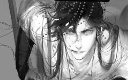 Rule 34 | 1boy, asymmetrical bangs, character request, chinese clothes, chinese commentary, collarbone, commentary request, erha he tadebai mao shizun, grey background, greyscale, hair ornament, hair over shoulder, hairpin, hanfu, highres, holding, kami off record, layered sleeves, long hair, long sleeves, looking at viewer, male focus, monochrome, parted lips, pectoral cleavage, pectorals, short over long sleeves, short sleeves, sleeves past wrists, smirk, solo, thick eyebrows, v-shaped eyebrows