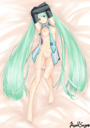 Rule 34 | 1girl, barefoot, breasts, derivative work, detached sleeves, dopollsogno, feet, green eyes, green hair, hatsune miku, highres, long hair, long legs, lying, matching hair/eyes, necktie, nipples, nude, open clothes, open shirt, panties, panty pull, pussy, shirt, solo, twintails, underwear, very long hair, vocaloid