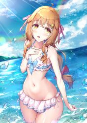 Rule 34 | 1boy, androgynous, bare arms, bare legs, bare shoulders, bikini, bikini skirt, blue sky, blush, bow, cloud, collarbone, commentary request, crossdressing, curvy, day, fingernails, frilled bikini, frills, hair between eyes, hair bow, hair ornament, highres, horizon, lens flare, long hair, looking at viewer, marine day, natsusora wakana, navel, novady, ocean, open mouth, orange hair, original, outdoors, shiny skin, sky, smile, standing, star (symbol), star hair ornament, swimsuit, thick thighs, thighs, trap, very long hair, wading, water drop, wavy hair, white bikini, wide hips