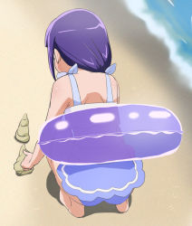 Rule 34 | 1girl, ass, barefoot, beach, from behind, haruyama kazunori, izayoi liko, mahou girls precure!, precure, purple hair, solo, squatting, swimsuit