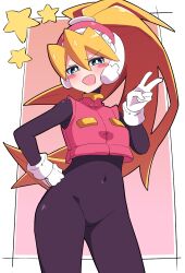 Rule 34 | 1girl, absurdres, blonde hair, blue eyes, blush, bodysuit, breasts, buzzlyears, ciel (mega man), covered navel, gloves, hand on own hip, headgear, helmet, high ponytail, highres, long hair, looking at viewer, mega man (series), mega man zero (series), one eye closed, open mouth, ponytail, small breasts, smile, solo, v, white gloves, wink