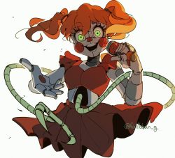 Rule 34 | 1girl, circus baby (fnaf), blush stickers, dress, five nights at freddy&#039;s, five nights at freddy&#039;s: sister location, fullbban g, green eyes, highres, holding, holding microphone, microphone, orange hair, red dress, robot, short hair, smile, solo, twintails