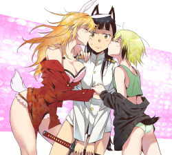 Rule 34 | 3girls, agahari, animal ears, ass, black hair, blonde hair, blush, bra, breasts, brown eyes, charlotte e. yeager, cleavage, closed eyes, dog ears, dog tail, erica hartmann, girl sandwich, green panties, highres, katana, kiss, kissing cheek, large breasts, long hair, looking at viewer, multiple girls, off shoulder, open clothes, orange hair, panties, pink bra, pink panties, rabbit ears, rabbit girl, rabbit tail, sakamoto mio, sandwiched, short hair, strike witches, sword, tail, tank top, underwear, uniform, weapon, wedgie, world witches series, yuri