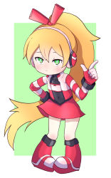 Rule 34 | 1girl, blonde hair, blush, boots, call (mighty no. 9), commentary request, covered collarbone, covered navel, fingerless gloves, gloves, green background, green eyes, hair between eyes, hand on own hip, hand up, headgear, headphones, high ponytail, highres, index finger raised, jacket, knee boots, long hair, mighty no. 9, open clothes, open jacket, pigeon-toed, ponytail, red footwear, red gloves, red skirt, shiro hakuchou, skirt, solo, standing, striped clothes, striped jacket, two-tone background, very long hair, white background