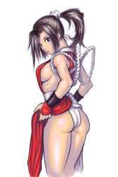 Rule 34 | 1girl, armor, ass, bare legs, breasts, brown eyes, brown hair, fatal fury, japanese armor, japanese clothes, kamui12, kote, large breasts, lips, long hair, ninja, panties, pelvic curtain, ponytail, revealing clothes, rope, shimenawa, shiranui mai, sideboob, snk, solo, the king of fighters, underwear, vambraces, white panties