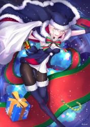 Rule 34 | 1girl, artoria pendragon (all), artoria pendragon (fate), black choker, black pantyhose, blonde hair, blue cape, blue dress, blue footwear, blue gloves, blue hat, boots, breasts, cape, carrying bag, choker, christmas, cleavage, dress, fate/grand order, fate (series), fur-trimmed boots, fur-trimmed cape, fur-trimmed dress, fur-trimmed headwear, fur trim, gift, gloves, hair between eyes, hat, highres, ikikomi1, leg up, looking at viewer, medium breasts, medium hair, open mouth, panties, panties under pantyhose, pantyhose, platinum blonde hair, pom pom (clothes), santa alter, santa hat, snowing, solo, sparkle, strapless, strapless dress, thigh boots, thighhighs, underwear, upskirt, yellow eyes