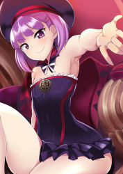 Rule 34 | 1girl, armpits, bare shoulders, blurry, blush, commentary request, depth of field, fate/grand order, fate (series), flat chest, hat, helena blavatsky (fate), highres, kurosawa shouichi, looking at viewer, outstretched arm, purple eyes, purple hair, short hair, smile, solo, strapless, sefirot