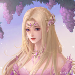 Rule 34 | 1girl, absurdres, bare shoulders, blonde hair, blue eyes, blue sky, bu lai ke haohao huatu, detached collar, detached sleeves, dots, douluo dalu, dress, food, fruit, grapes, hair ornament, highres, long hair, looking at viewer, qian renxue (douluo dalu), second-party source, sky, solo