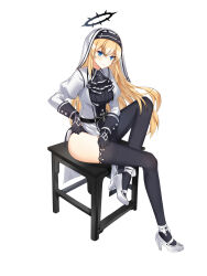 Rule 34 | 1girl, :/, absurdres, adjusting garter, alternate hair color, ankle ribbon, ascot, belt, black ascot, black belt, black garter belt, black gloves, black shirt, black thighhighs, blonde hair, blue eyes, breasts, closed mouth, closers, coif, collared shirt, spiked halo, dress, elbow on thigh, full body, garter belt, gloves, habit, halo, high heels, highres, impossible clothes, impossible dress, juliet sleeves, knee up, lace, lace-trimmed thighhighs, leg ribbon, long hair, long sleeves, looking at viewer, mary janes, medium breasts, nun, official art, on stool, pelvic curtain, puffy sleeves, ribbon, shirt, shoes, sitting, solo, stool, tachi-e, thighhighs, thighhighs pull, thighs, v-shaped eyebrows, very long hair, violet (closers), white background, white dress, white footwear, white halo, white headwear, white ribbon, wing collar, zettai ryouiki