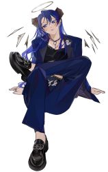 Rule 34 | 1girl, alternate costume, arknights, arm support, bandeau, black bandeau, black footwear, blue eyes, blue hair, blue pants, blue suit, chain necklace, crossed legs, demon horns, energy wings, formal, full body, halo, head tilt, highres, horns, invisible chair, jacket, jewelry, latutou1, long hair, long sleeves, mostima (arknights), necklace, open clothes, pants, ring, simple background, sitting, solo, suit, white background
