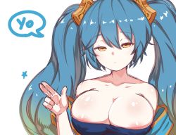 Rule 34 | 1girl, :&lt;, areola slip, bad id, bad pixiv id, bare shoulders, breasts, brown eyes, cleavage, closed mouth, collarbone, expressionless, hair ornament, highres, large breasts, league of legends, long hair, looking at viewer, ooyun, shiny skin, sketch, solo, sona (league of legends), speech bubble, star (symbol), strapless, tsurime, twintails, upper body