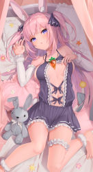 Rule 34 | 1girl, absurdres, animal ear fluff, animal ears, bad id, bad pixiv id, barefoot, basil (st 1), breasts, carrot, center opening, commentary request, curtains, detached sleeves, eyes visible through hair, foot out of frame, frilled pillow, frilled skirt, frilled sleeves, frills, halterneck, hand up, heart, heart-shaped pillow, highres, jewelry, lace trim, long hair, looking at viewer, lying, medium breasts, necklace, on back, on bed, open mouth, original, pillow, pink hair, purple eyes, rabbit ears, revealing clothes, ribbon, ribbon trim, skirt, skirt set, solo, star-shaped pillow, stuffed animal, stuffed rabbit, stuffed toy, thigh strap, two side up, very long hair