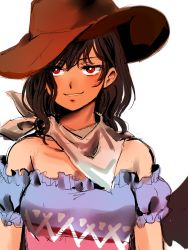 Rule 34 | 1girl, bandana, bare shoulders, black hair, black wings, blue shirt, blush, brown hat, collarbone, commentary request, cowboy hat, grin, hair between eyes, hat, highres, kurokoma saki, kuya (hey36253625), long hair, looking at viewer, off-shoulder shirt, off shoulder, puffy short sleeves, puffy sleeves, red eyes, shirt, short sleeves, simple background, sketch, smile, solo, touhou, upper body, white background, wings