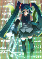 Rule 34 | 1girl, bad id, bad pixiv id, bare shoulders, black thighhighs, boots, detached sleeves, dress, female focus, green eyes, green hair, hatsune miku, headset, highres, long hair, matching hair/eyes, microphone, necktie, pleated skirt, skirt, solo, thigh boots, thighhighs, twintails, vocaloid, yocchan rengou, zettai ryouiki