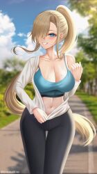 Rule 34 | 1girl, absurdres, asuna (blue archive), black pants, blonde hair, blue archive, blue eyes, blue sky, blurry, blurry background, blush, breasts, cloud, cloudy sky, collarbone, commentary, day, english commentary, eyelashes, grin, hair over one eye, highres, large breasts, long hair, long sleeves, midriff, navel, off shoulder, open clothes, open shirt, outdoors, pants, ponytail, rayleigh scale, sidelocks, sidewalk, signature, sky, smile, sports bra, sportswear, sweat, tree, underwear, unzipped, unzipping, very long hair, workout clothes