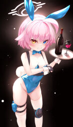 Rule 34 | 1girl, absurdres, ahoge, alcohol, angry, animal ears, asymmetrical legwear, black background, black gloves, blue archive, blue bow, blue bowtie, blue eyes, blue leotard, blush, bottle, bow, bowtie, breasts, cleavage, clenched teeth, collarbone, commentary, covered navel, cup, detached collar, drinking glass, fake animal ears, fake tail, feet out of frame, fingerless gloves, gloves, groin, halo, heterochromia, highleg, highleg leotard, highres, holding, holding tray, hoshino (blue archive), hoshino (young) (blue archive), knee pads, leotard, looking at viewer, medium breasts, mismatched legwear, nekodama2000, pink hair, pink halo, playboy bunny, rabbit ears, rabbit tail, short hair, shoulder strap, solo, tail, teeth, thigh strap, thighhighs, tray, white thighhighs, wine, wine bottle, wine glass, wrist cuffs, yellow eyes