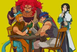 4boys animal_ears arm_wrestling black_hair blue_eyes blue_hair cat_boy cat_ears chair commentary_request cup dark-skinned_male dark_skin facial_mark fingerless_gloves fire_emblem fire_emblem:_radiant_dawn forehead_mark gloves headband heterochromia holding holding_cup ike_(fire_emblem) laguz_(fire_emblem) lion_boy long_hair male_focus multiple_boys muscular muscular_male nintendo on_chair picnicic ranulf_(fire_emblem) red_eyes red_hair short_hair sitting skrimir_(fire_emblem) soren_(fire_emblem) soren_(radiant_confidant)_(fire_emblem) table tail twitter_username yellow_background