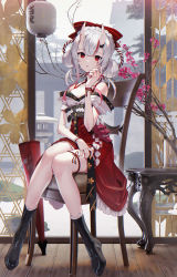 Rule 34 | 1girl, bare shoulders, boots, breasts, cleavage, double bun, hair between eyes, hair bun, hair ribbon, highres, hololive, horns, japanese clothes, kimono, legs, looking at viewer, medium breasts, nakiri ayame, off shoulder, oni, red eyes, ribbon, scottie (phantom2), sitting, skin-covered horns, solo, virtual youtuber