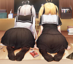 Rule 34 | 2girls, absurdres, ahoge, all fours, ass, black ribbon, black shirt, black skirt, blonde hair, blurry, blurry background, candy, candy wrapper, cellphone, commentary request, feet, food, from behind, hair ribbon, heart, heart ahoge, highres, indoors, long hair, long sleeves, multiple girls, niliu chahui, no shoes, original, phone, pleated skirt, pocky, revision, ribbon, school uniform, serafuku, shirt, short sleeves, siblings, sisters, skirt, smartphone, soles, toes, tokisaki asaba (niliu chahui), tokisaki mio (niliu chahui), white hair, white shirt