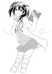 Rule 34 | 10s, 1girl, black hair, greyscale, heart, heart of string, karuha, lab coat, long hair, love live!, love live! school idol project, monochrome, skirt, solo, striped clothes, striped thighhighs, thighhighs, twintails, yazawa nico