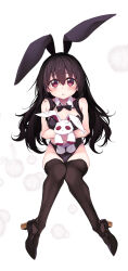 Rule 34 | 1girl, :&lt;, animal ears, black bow, black bowtie, black hair, black leotard, black thighhighs, blush, bow, bowtie, breasts, commentary request, detached collar, full body, high heels, highres, holding, holding stuffed toy, leotard, long hair, looking at viewer, original, playboy bunny, rabbit ears, red eyes, simple background, small breasts, solo, stuffed animal, stuffed rabbit, stuffed toy, suga hideo, thighhighs, white background