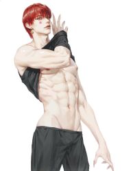 Rule 34 | 1boy, abs, alternate costume, bad id, bad twitter id, bare pectorals, clothes lift, facial mark, groin, guilty challenge (meme), hand in clothes, hand under clothes, hand under shirt, hemo (h 1814100), highres, hisoka morow, hunter x hunter, looking at viewer, male focus, meme, navel, nipples, official alternate hairstyle, pale skin, pants, pectorals, red hair, shirt, shirt lift, short hair, simple background, solo, spiked hair, star (symbol), star facial mark, teardrop facial mark, toned, toned male