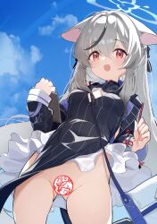 Rule 34 | 1girl, animal ears, black dress, black jacket, blue archive, blue halo, blush, breasts, censored, china dress, chinese clothes, cowboy shot, dress, grey hair, hair between eyes, halo, highres, jacket, kokona (blue archive), long hair, long sleeves, open mouth, orange eyes, small breasts, smile, solo, striped clothes, striped dress, striped jacket, teranekosu, vertical-striped clothes, vertical-striped dress, vertical-striped jacket
