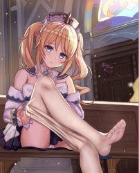 Rule 34 | 1girl, barbara (genshin impact), bare shoulders, bench, blue eyes, blush, bow, bowtie, church, clothes pull, detached collar, door, dress, feet, genshin impact, hair ornament, hat, looking at viewer, nail polish, panties, pantyhose, pantyhose pull, pantyshot, sitting, soles, solo, suangyue qiuhua, toes, twintails, underwear, white panties, white pantyhose