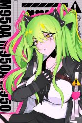 Rule 34 | 1girl, @ @, absurdres, ace glitch, arm up, bag, black gloves, black jacket, black skirt, bow, breasts, character name, closed mouth, collarbone, facial mark, feet out of frame, fingerless gloves, girls&#039; frontline, gloves, green hair, green nails, hair bow, heart, highres, jacket, large breasts, light blush, long hair, long sleeves, looking at viewer, m950a (girls&#039; frontline), m950a (mod3) (girls&#039; frontline), middle finger, nail polish, open clothes, open jacket, orange eyes, school uniform, serafuku, shirt, shoulder bag, sitting, skirt, solo, twintails, upper body, white shirt