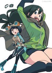 Rule 34 | 2girls, :o, alternate color, amatori chika, arms up, asui tsuyu, belt, black footwear, black gloves, black hair, blue bodysuit, blue footwear, bob cut, bodysuit, boku no hero academia, boots, cosplay, costume switch, crossover, flippers, floating hair, gloves, goggles, goggles on head, green jacket, grey cloak, hair between eyes, hair rings, hands up, headphones, headphones around neck, inset, jacket, jumping, knee boots, knees together feet apart, long hair, looking at viewer, low-tied long hair, mikumo squad&#039;s uniform, multiple girls, ohhhhhhtsu, open mouth, short hair, simple background, sweatdrop, thighs, tongue, tongue out, twitter username, white background, world trigger