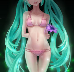 Rule 34 | 1girl, :q, aqua hair, arm behind back, begreen, bikini, breasts, cleavage, groin, hatsune miku, head out of frame, highres, licking lips, long hair, navel, original, pink bikini, small breasts, solo, standing, swimsuit, tongue, tongue out, twintails, vocaloid, zanshomimai