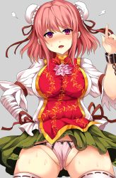 Rule 34 | &gt;:o, 1girl, :o, bad id, bad pixiv id, bandaged arm, bandages, blouse, blush, breasts, bun cover, cameltoe, chinese clothes, cowboy shot, cuffs, double bun, flower, green skirt, hair bun, hand on own hip, highres, ibaraki kasen, impossible clothes, large breasts, looking at viewer, nose blush, open mouth, panties, pantyshot, parted lips, partially visible vulva, pink eyes, pink flower, pink hair, pink panties, pink rose, purple eyes, red hair, rose, sameya, shackles, shirt, sidelocks, skirt, solo, standing, sweat, tabard, thighhighs, touhou, underwear, v-shaped eyebrows, white shirt, white thighhighs, wind, wind lift