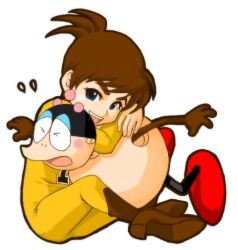 Rule 34 | &gt; &lt;, 1boy, bariquand (chargeman ken!), blue eyes, bodysuit, boots, brown footwear, brown hair, chargeman ken!, izumi ken, junjururin, open mouth, outstretched arms, robot, simple background, sitting, smiley face, white background, yellow bodysuit
