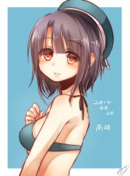 Rule 34 | 10s, 1girl, absurdres, bad id, bad pixiv id, beret, bikini, black hair, blue background, breasts, character name, dated, hand on own chest, hat, highres, kantai collection, large breasts, looking at viewer, red eyes, rom (kochirasama), short hair, signature, swimsuit, takao (kancolle), upper body