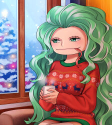 Rule 34 | boa sandersonia, christmas sweater, christmas tree, cup, green eyes, green hair, highres, holding, holding cup, indoors, long hair, looking outside, mug, one piece, snow, sweater, window, youkan (tako)