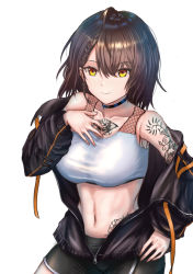 Rule 34 | 1girl, 3kneko, ahoge, arm tattoo, azur lane, baltimore (azur lane), baltimore (black ace) (azur lane), bare shoulders, black choker, black jacket, black shorts, braid, breasts, brown hair, chest tattoo, choker, closed mouth, collarbone, commentary, cowboy shot, flower tattoo, french braid, hair between eyes, hand on own hip, hand on own chest, jacket, large breasts, looking at viewer, midriff, navel, off shoulder, official alternate costume, partially unzipped, short hair, short shorts, shorts, sidelocks, simple background, smile, solo, sports bra, standing, stomach tattoo, tattoo, taut clothes, white background, white sports bra, yellow eyes
