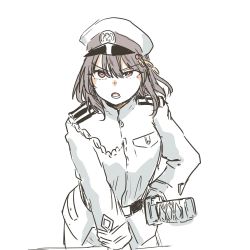 Rule 34 | 1girl, aiguillette, alternate costume, black hair, breast pocket, breasts, buttons, commentary, epaulettes, frown, hair between eyes, hair ornament, hat, highres, holding, holding sword, holding weapon, kantai collection, katana, leaning forward, long sleeves, medium hair, military, military hat, military uniform, naval uniform, open mouth, pants, peaked cap, pocket, poyo (hellmayuge), red eyes, shirt, simple background, solo, sword, teeth, uniform, v-shaped eyebrows, weapon, white background, white pants, white shirt, yamashiro (kancolle)