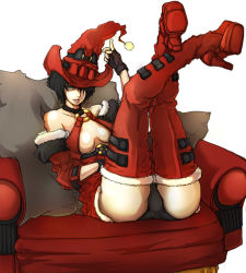 Rule 34 | 1girl, alternate costume, arc system works, ass, bare shoulders, belt, black hair, black panties, boots, breasts, chair, choker, cleavage, collar, dizzy (artist), fingerless gloves, full body, gloves, green eyes, guilty gear, guilty gear xx, hair over one eye, hat, high heels, i-no, jacket, large breasts, miniskirt, mole, o-ring, o-ring top, panties, red hat, shoes, short hair, sitting, skirt, solo, thigh boots, thighhighs, thighs, underwear, witch hat