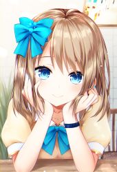 Rule 34 | 1girl, arm support, blue bow, blue eyes, blue nails, blue neckwear, blurry, blurry background, blush, bow, brown hair, chair, collarbone, commentary request, hair bow, hands on own cheeks, hands on own face, highres, jewelry, long hair, looking at viewer, nail polish, necklace, omoomomo, original, plant, short sleeves, smile, solo, tile wall, tiles