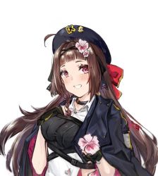 Rule 34 | 1girl, beret, black choker, black gloves, black ribbon, blue jacket, blush, bow, breasts, brown hair, choker, fingerless gloves, flower, girls&#039; frontline, gloves, hair bow, hair flower, hair ornament, hair ribbon, hand on breast, hat, highres, holding, holding flower, jacket, jacket on shoulders, long hair, looking at viewer, medium breasts, nail polish, open mouth, pink nails, purple eyes, qiujiao, red bow, rex zero 1 (girls&#039; frontline), ribbon, shirt, solo, white background, white shirt