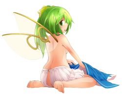 Rule 34 | 1girl, ass, back, barefoot, bloomers, blush, breasts, crotchless, crotchless bloomers, daiyousei, fairy wings, feet, full body, green eyes, green hair, hair ribbon, jagabutter, long hair, looking at viewer, matching hair/eyes, ribbon, side ponytail, simple background, sitting, small breasts, solo, topless, touhou, underwear, underwear only, wariza, white background, white bloomers, wings