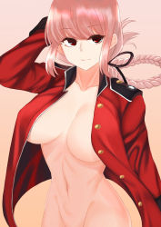Rule 34 | 1girl, absurdres, arm behind head, black ribbon, braid, breasts, buttons, closed mouth, coat, fate/grand order, fate (series), florence nightingale (fate), folded ponytail, hair ribbon, highres, hip focus, jacket, jikuyuki (ysesst96262), large breasts, long hair, long sleeves, looking at viewer, military jacket, naked coat, navel, no bra, open clothes, open jacket, out-of-frame censoring, pink background, pink hair, red eyes, red jacket, ribbon, sidelocks, simple background, single braid, smile, solo, standing, swept bangs